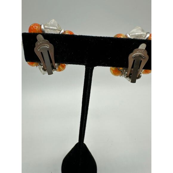 Vintage Japanese Clip-On Earrings, Glass Beads, Orange & Clear, 1950s-60s - Picture 2 of 5